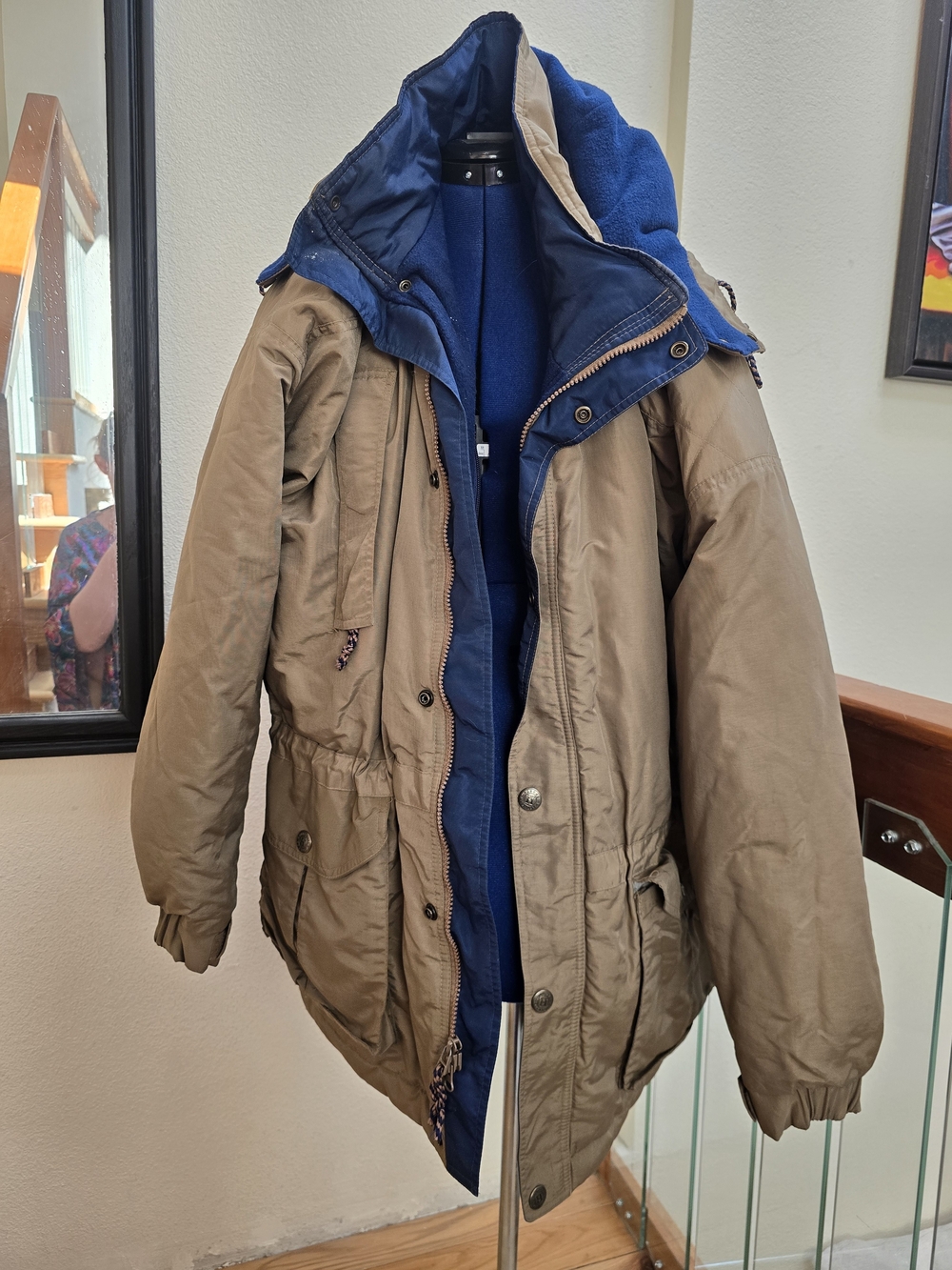 Vintage Hartwell ViaSport Hooded Parka Jacket Mens XL Tan Navy Fleece Lined Zip